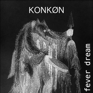 A drawing of a weird shaman wearing a wolf pelt, in white on black, with corrupted graphic tiles.