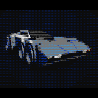 ASCII art of a futuristic race car with six wheels, on a blue background.