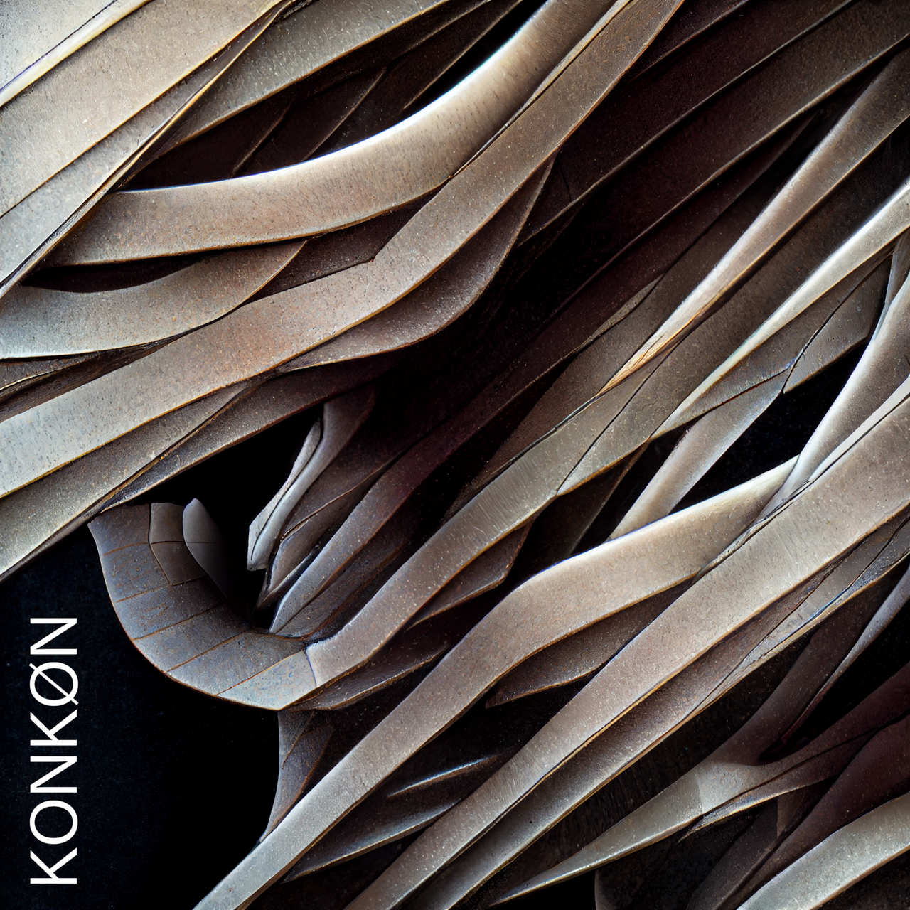 An abstract pattern resembling wide flat noodles on a black background.