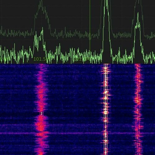 A spectrogram view of a radio transmission with bright yellows on a blue background